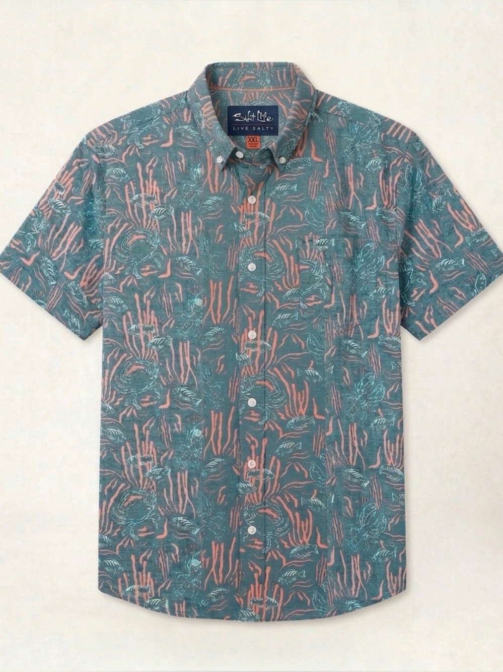 Salt Life Button Up Shirt with Chest Pocket Coral and White Fish Print